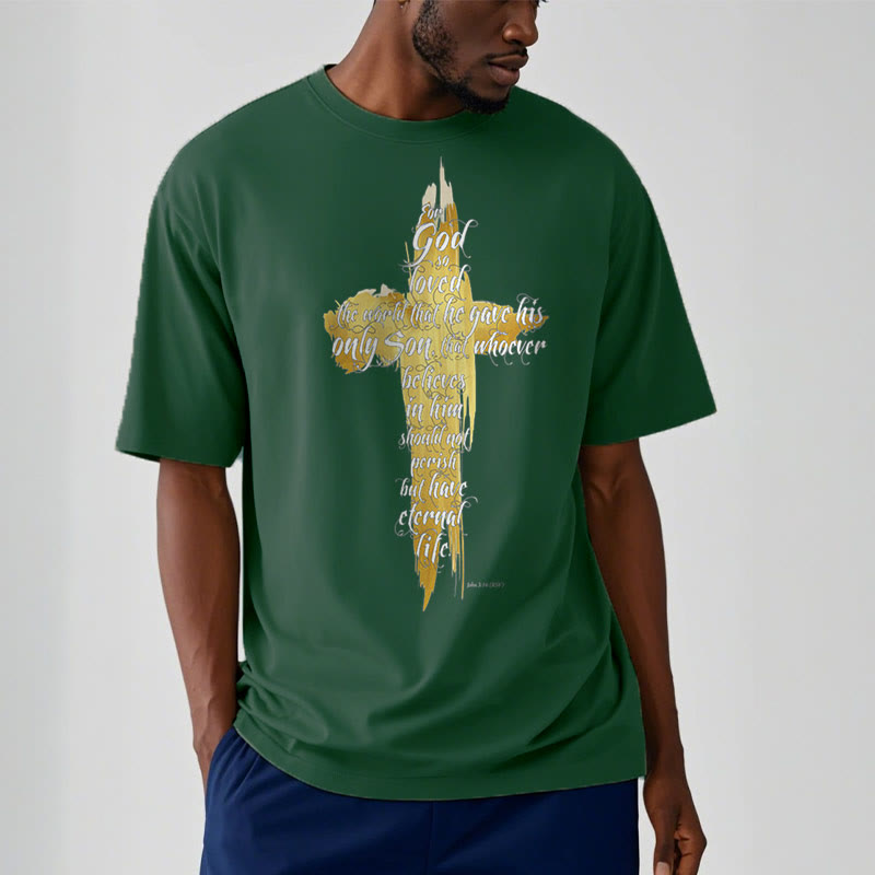 Christianartworkshop Quotation Style Golden Cross Scripture - John 3:16 Short Sleeve Washed T-shirt