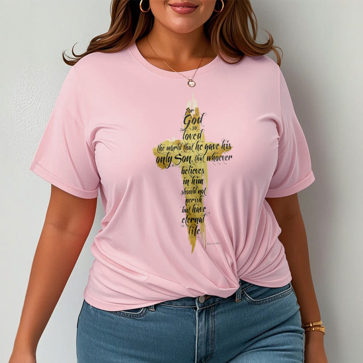 Christianartworkshop Quotation Style Golden Cross Scripture - John 3:16 Short Sleeve Washed T-shirt