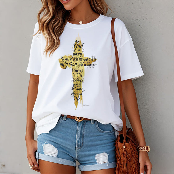 Christianartworkshop Quotation Style Golden Cross Scripture - John 3:16 Short Sleeve T-shirt - image 2