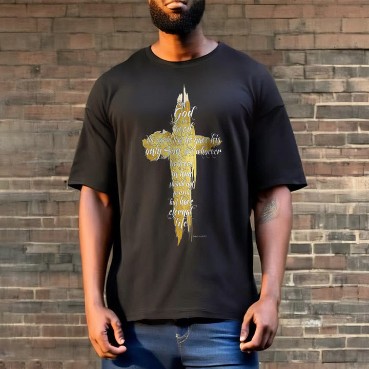 Christianartworkshop Quotation Style Golden Cross Scripture - John 3:16 Short Sleeve Washed T-shirt