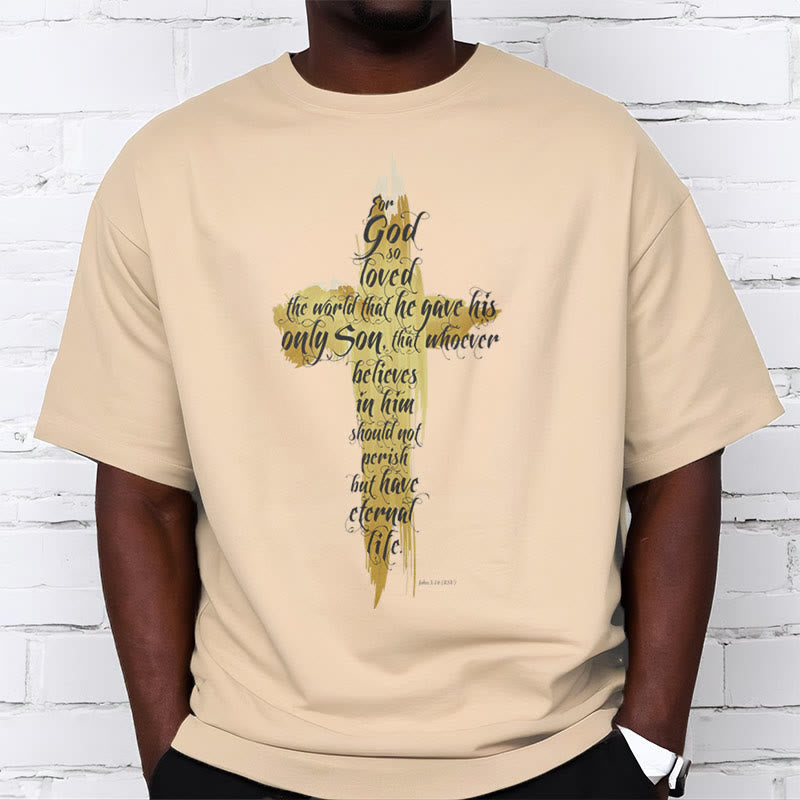 Christianartworkshop Quotation Style Golden Cross Scripture - John 3:16 Short Sleeve Washed T-shirt