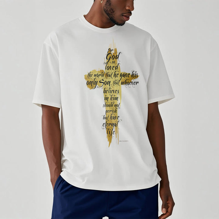 Christianartworkshop Quotation Style Golden Cross Scripture - John 3:16 Short Sleeve T-shirt - image 1