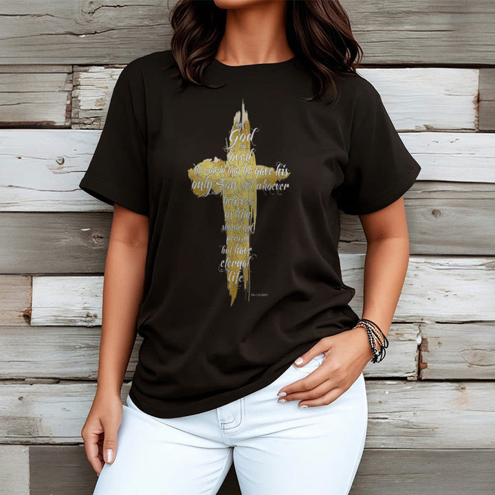 Christianartworkshop Quotation Style Golden Cross Scripture - John 3:16 Short Sleeve Washed T-shirt