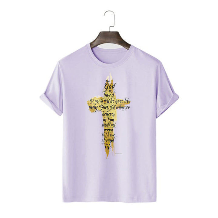 Christianartworkshop Quotation Style Golden Cross Scripture - John 3:16 Short Sleeve Washed T-shirt