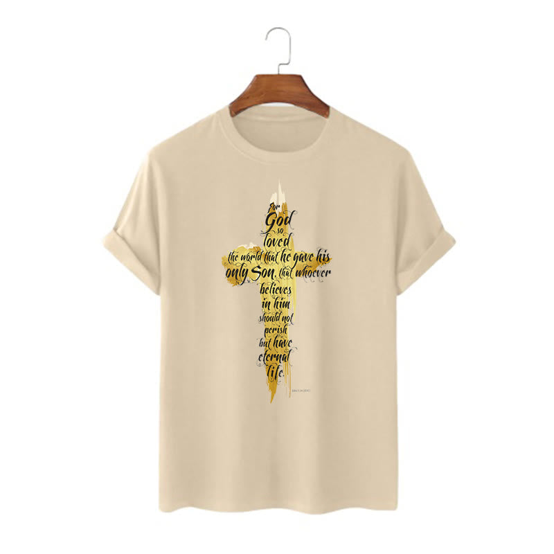 Christianartworkshop Quotation Style Golden Cross Scripture - John 3:16 Short Sleeve Washed T-shirt