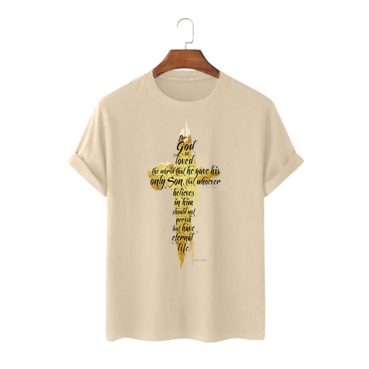 Christianartworkshop Quotation Style Golden Cross Scripture - John 3:16 Short Sleeve Washed T-shirt