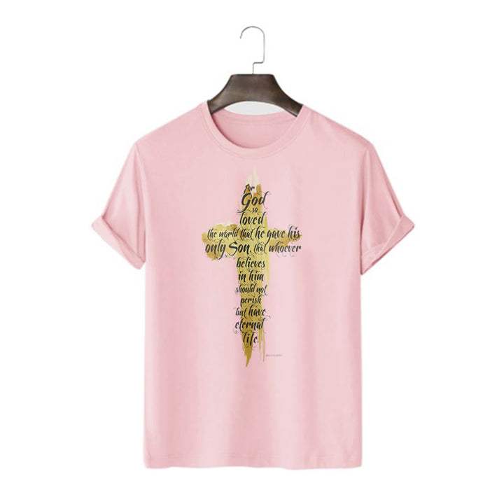 Christianartworkshop Quotation Style Golden Cross Scripture - John 3:16 Short Sleeve Washed T-shirt