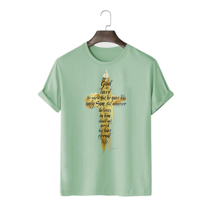 Christianartworkshop Quotation Style Golden Cross Scripture - John 3:16 Short Sleeve T-shirt - Light Green - 2XL - image 11
