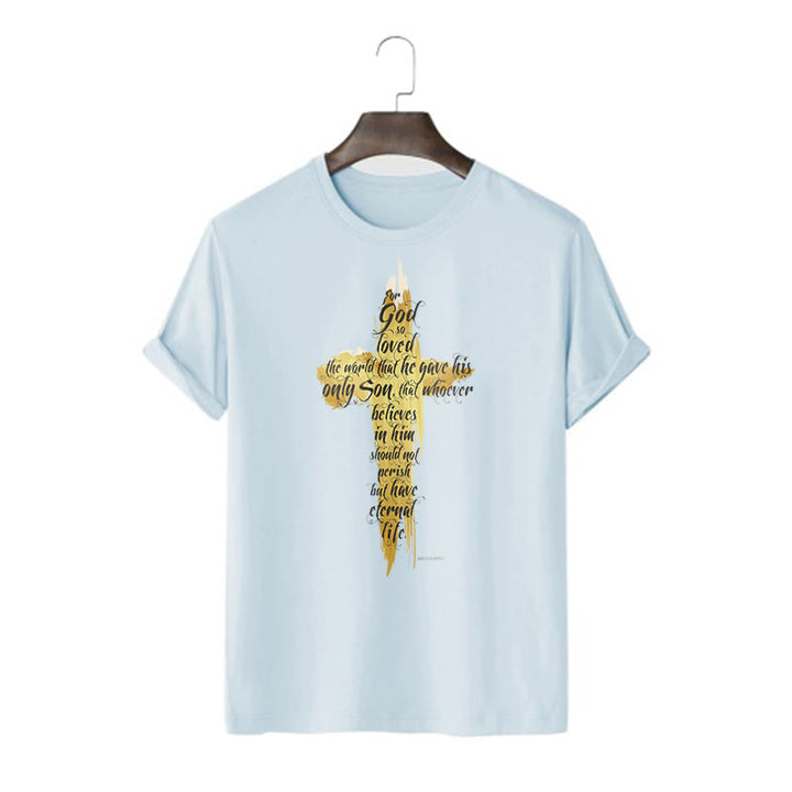 Christianartworkshop Quotation Style Golden Cross Scripture - John 3:16 Short Sleeve T-shirt - Blue - 2XL - image 17