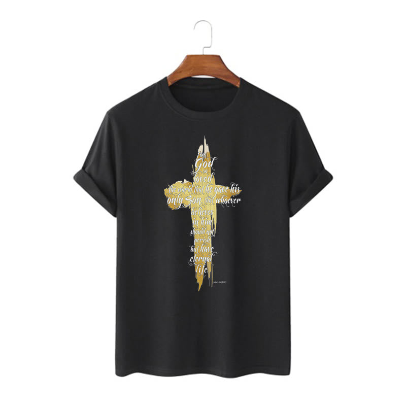 Christianartworkshop Quotation Style Golden Cross Scripture - John 3:16 Short Sleeve Washed T-shirt