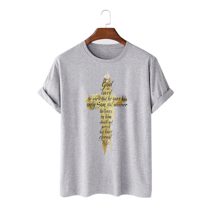 Christianartworkshop Quotation Style Golden Cross Scripture - John 3:16 Short Sleeve Washed T-shirt