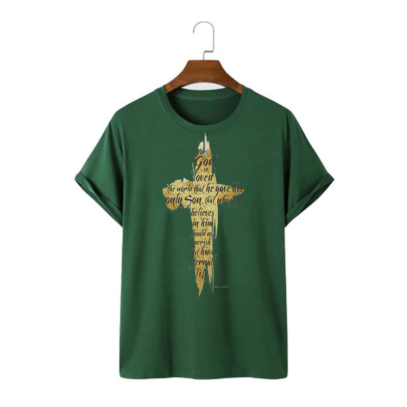 Christianartworkshop Quotation Style Golden Cross Scripture - John 3:16 Short Sleeve T-shirt - Dark Green - 2XL - image 9