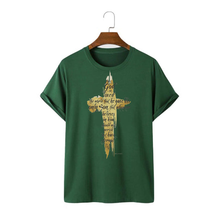 Christianartworkshop Quotation Style Golden Cross Scripture - John 3:16 Short Sleeve T-shirt - Dark Green - 2XL - image 9