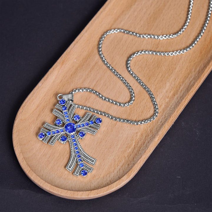 FREE Today: Christianartworkshop Retro Bohemian Style Blue Gemstones Cross Pendant Necklace