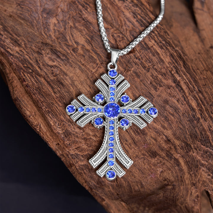 FREE Today: Christianartworkshop Retro Bohemian Style Blue Gemstones Cross Pendant Necklace