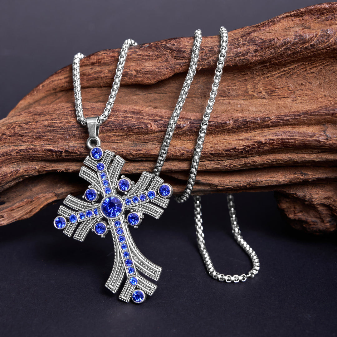 Christianartworkshop Retro Bohemian Style Blue Gemstones Cross Pendant Necklace