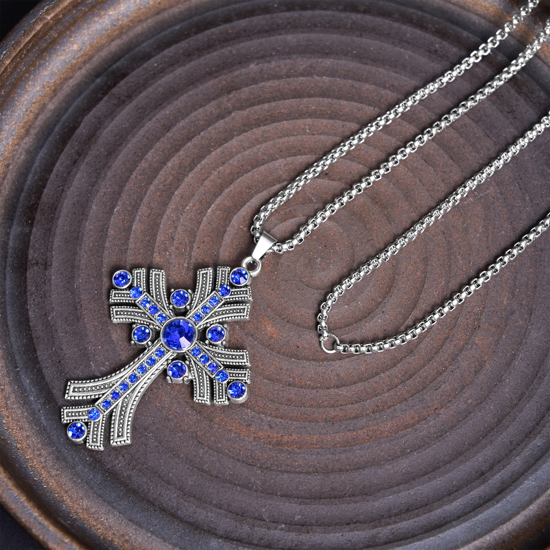 FREE Today: Christianartworkshop Retro Bohemian Style Blue Gemstones Cross Pendant Necklace