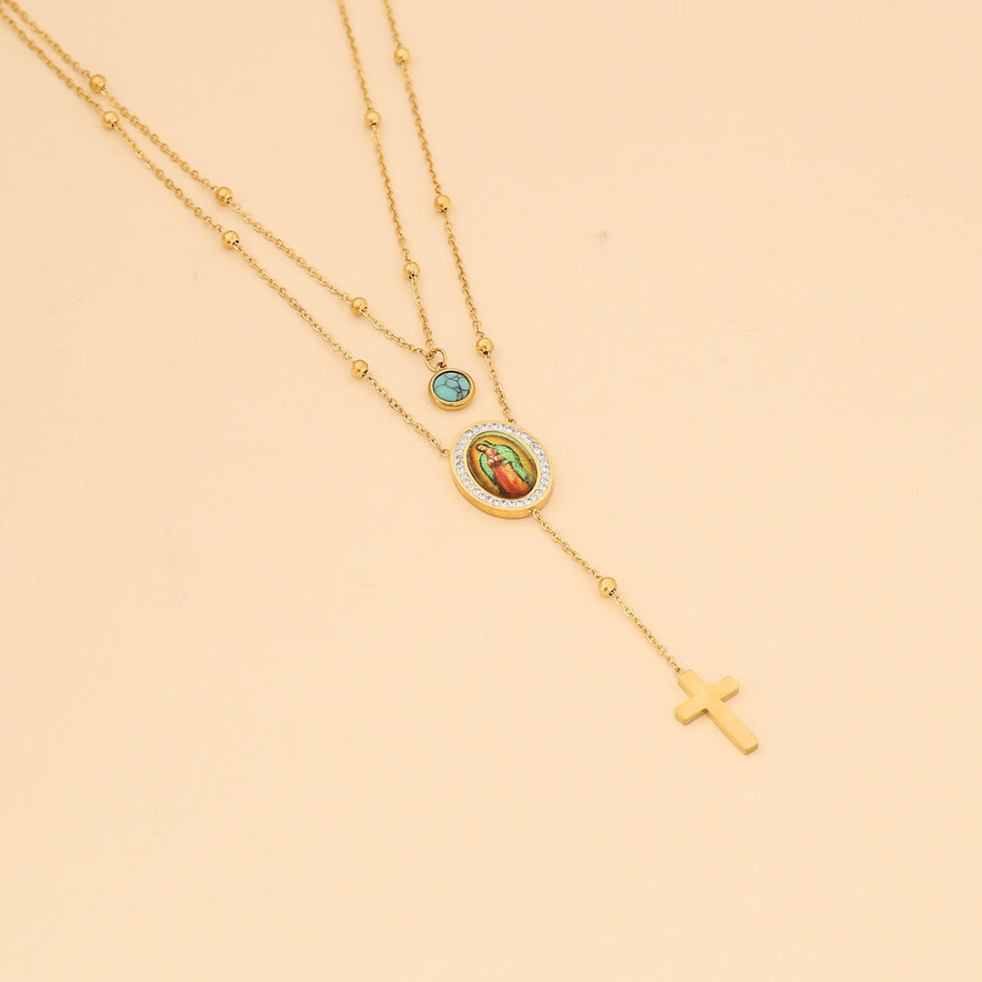 FREE Today:  Minimalist Style Double Layered Our Lady of Guadalupe Turquoise Cross Necklace