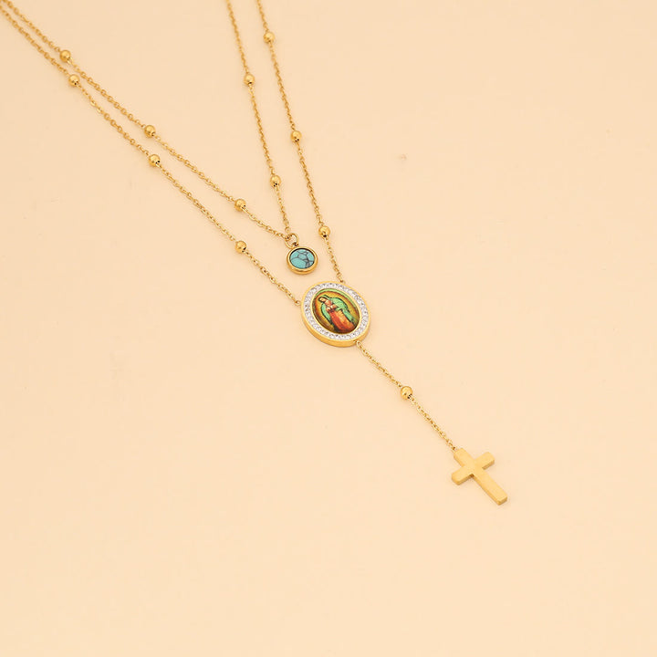 Christianartworkshop Minimalist Style Double Layered Our Lady of Guadalupe Turquoise Cross Necklace