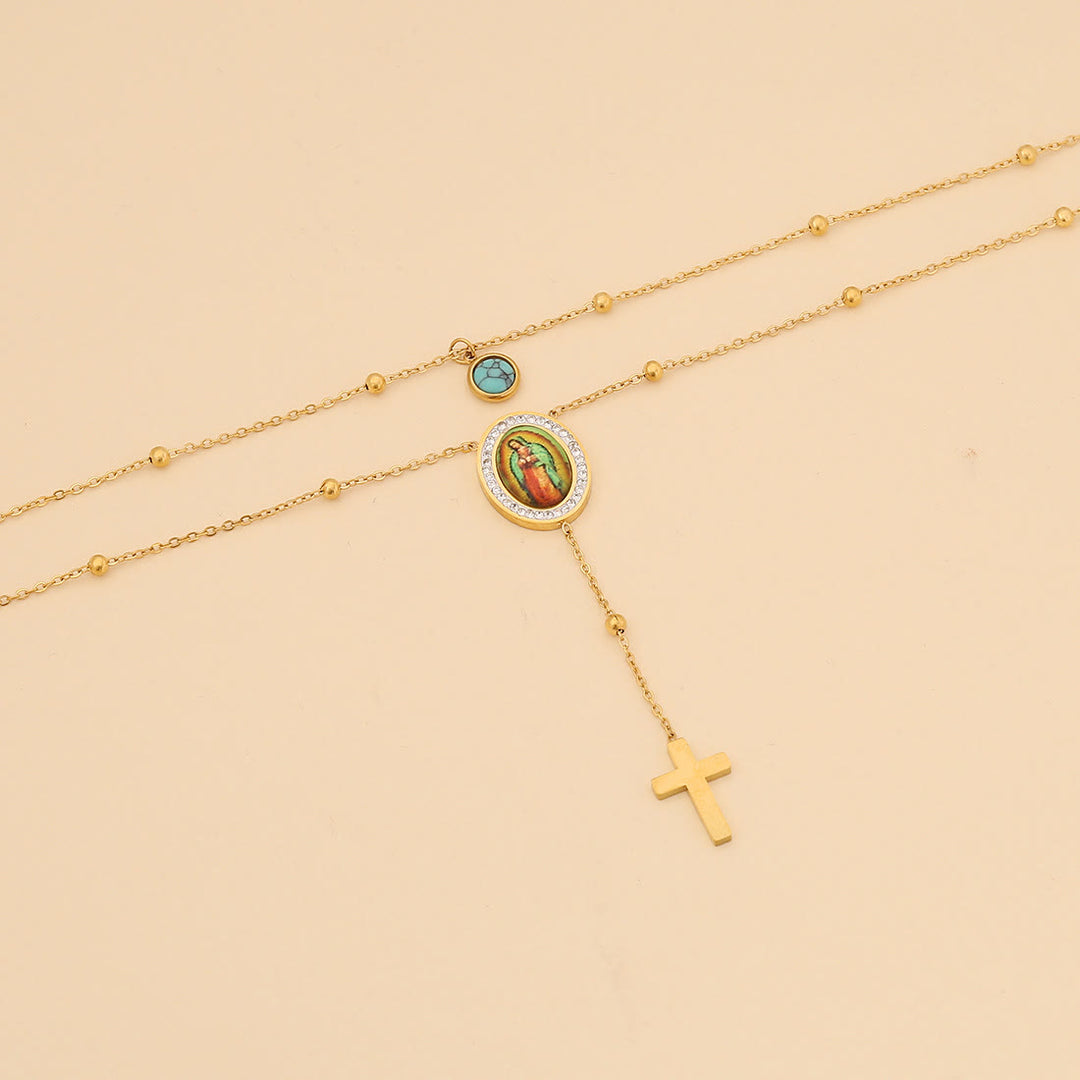 Christianartworkshop Minimalist Style Double Layered Our Lady of Guadalupe Turquoise Cross Necklace