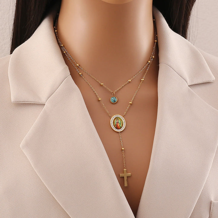 Christianartworkshop Minimalist Style Double Layered Our Lady of Guadalupe Turquoise Cross Necklace