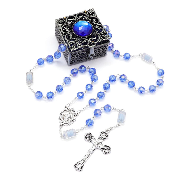 Christianartworkshop Miraculous Medal & Crucifix of 6 mm Polyhedron Blue Crystal Alloy Chain Rosary