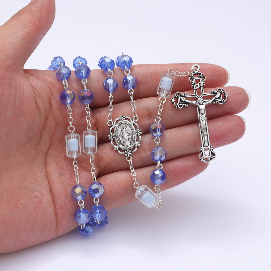 FREE Today: Christianartworkshop Miraculous Medal & Crucifix of 6 mm Polyhedron Blue Crystal Alloy Chain Rosary