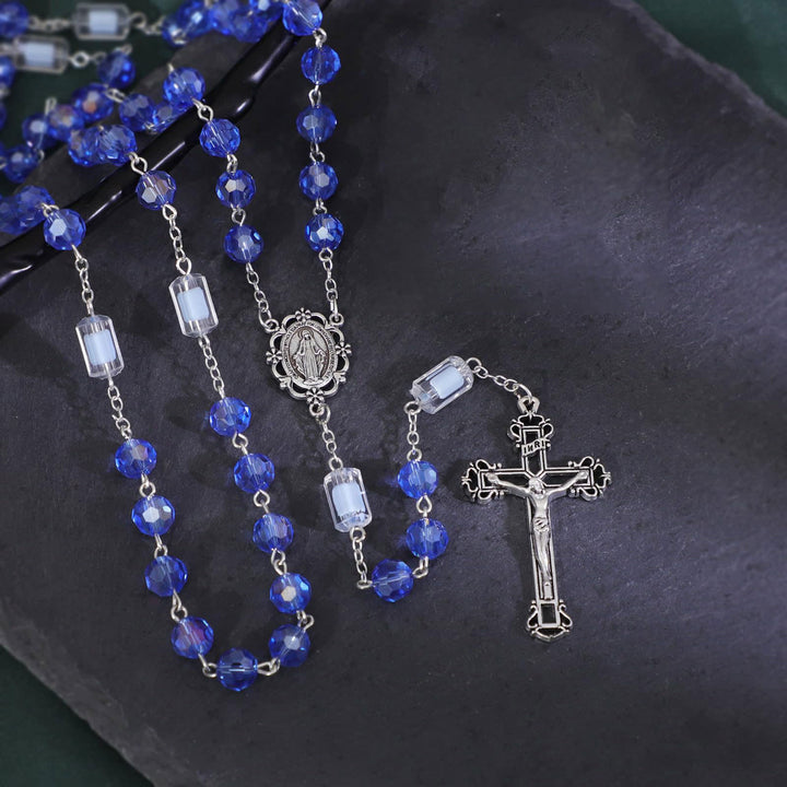 Christianartworkshop Miraculous Medal & Crucifix of 6 mm Polyhedron Blue Crystal Alloy Chain Rosary