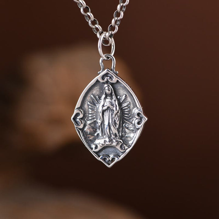 Christianartworkshop Retro Style Crafted Our Lady of Guadalupe Silver Pendant Necklace