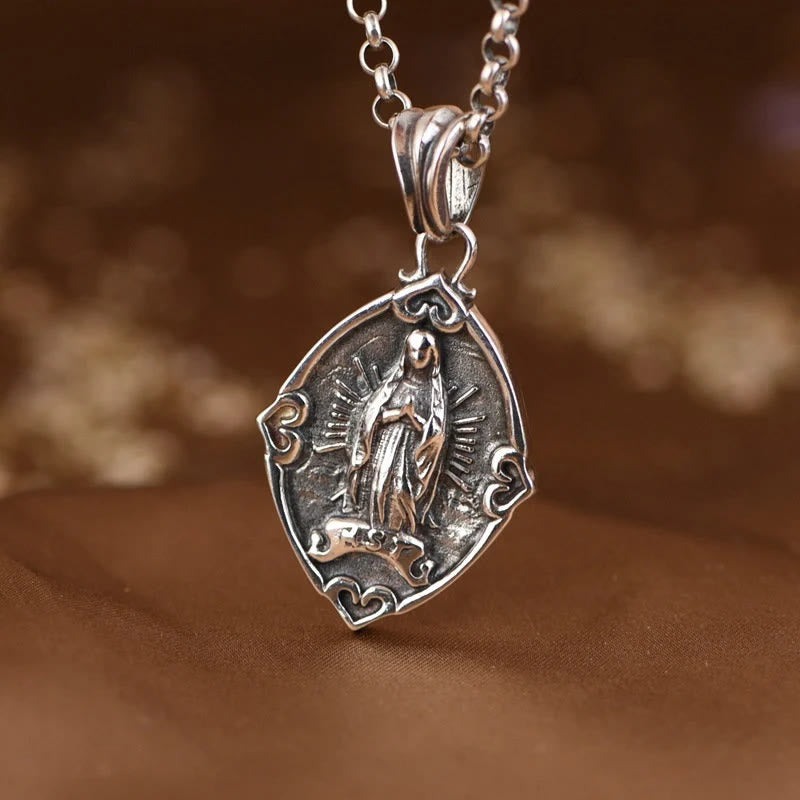 Christianartworkshop Retro Style Crafted Our Lady of Guadalupe Silver Pendant Necklace