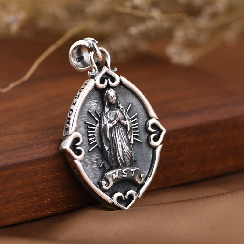 Christianartworkshop Retro Style Crafted Our Lady of Guadalupe Silver Pendant Necklace