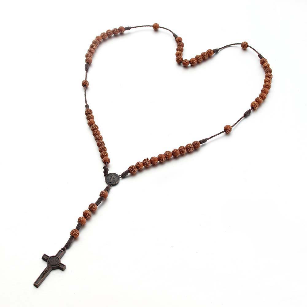 Christianartworkshop St. Benedict Medal & Crucifix of 8 mm Rose Brown Acrylic Nylon Cord Rosary