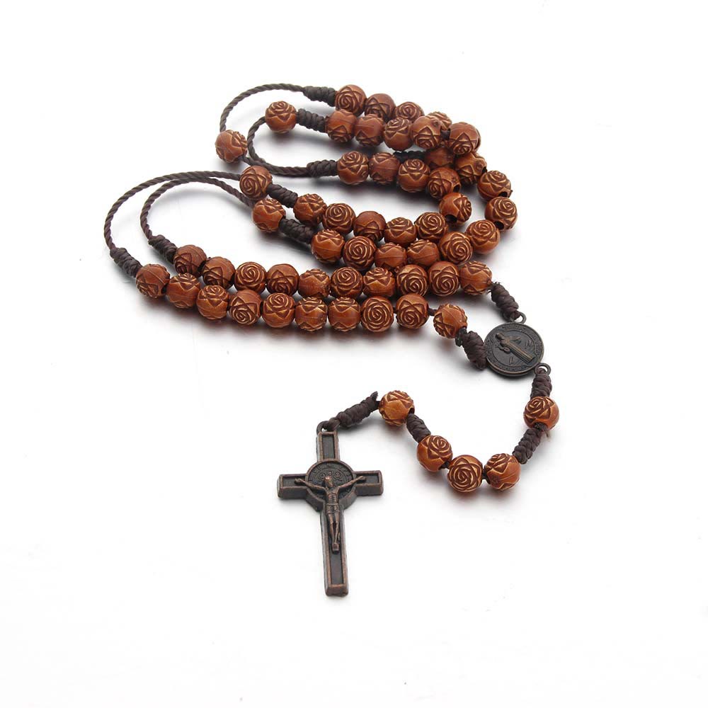 Christianartworkshop St. Benedict Medal & Crucifix of 8 mm Rose Brown Acrylic Nylon Cord Rosary