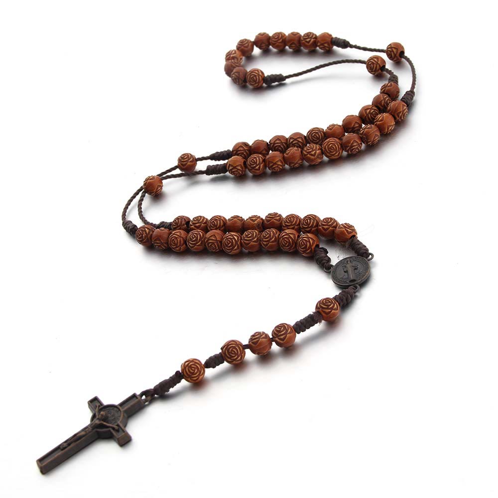 Christianartworkshop St. Benedict Medal & Crucifix of 8 mm Rose Brown Acrylic Nylon Cord Rosary