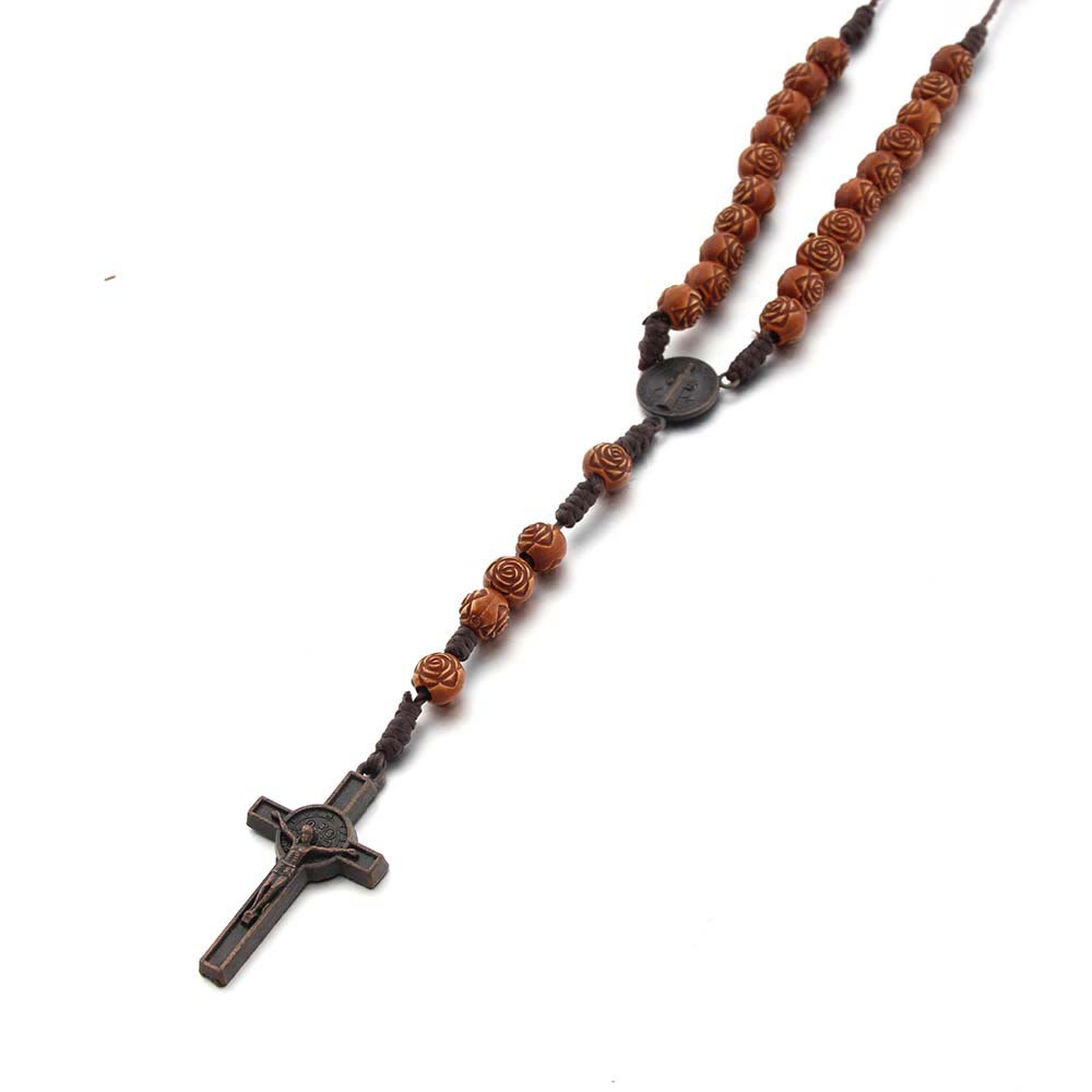 Christianartworkshop St. Benedict Medal & Crucifix of 8 mm Rose Brown Acrylic Nylon Cord Rosary