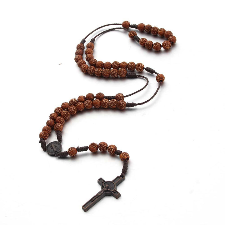 Christianartworkshop St. Benedict Medal & Crucifix of 8 mm Rose Brown Acrylic Nylon Cord Rosary