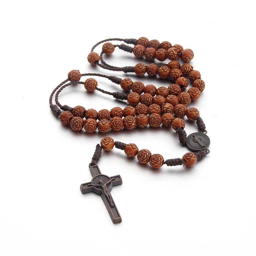 Christianartworkshop St. Benedict Medal & Crucifix of 8 mm Rose Brown Acrylic Nylon Cord Rosary