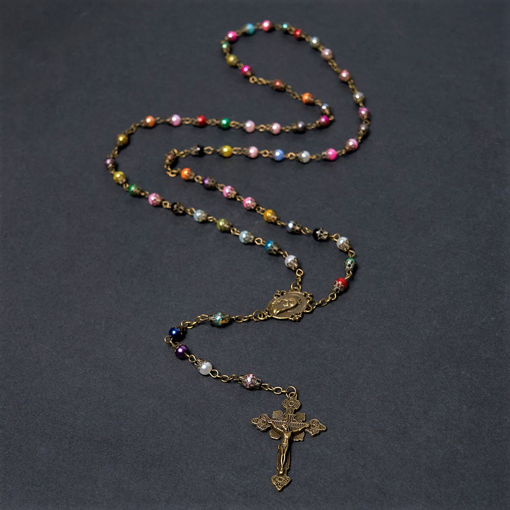 Discount Today: Our Lady of Fátima & Crucifix of 6 mm Round Multicolor Acrylic Alloy Chain Rosary