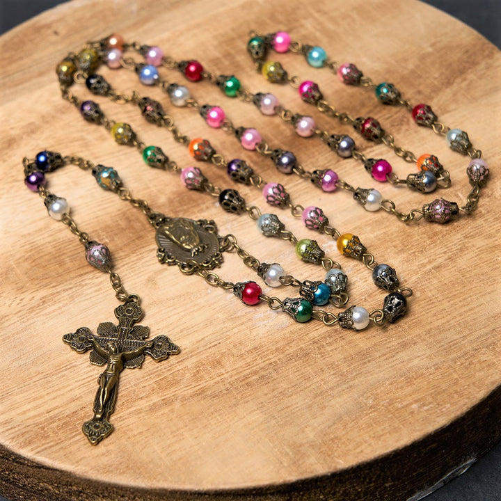 Discount Today: Our Lady of Fátima & Crucifix of 6 mm Round Multicolor Acrylic Alloy Chain Rosary