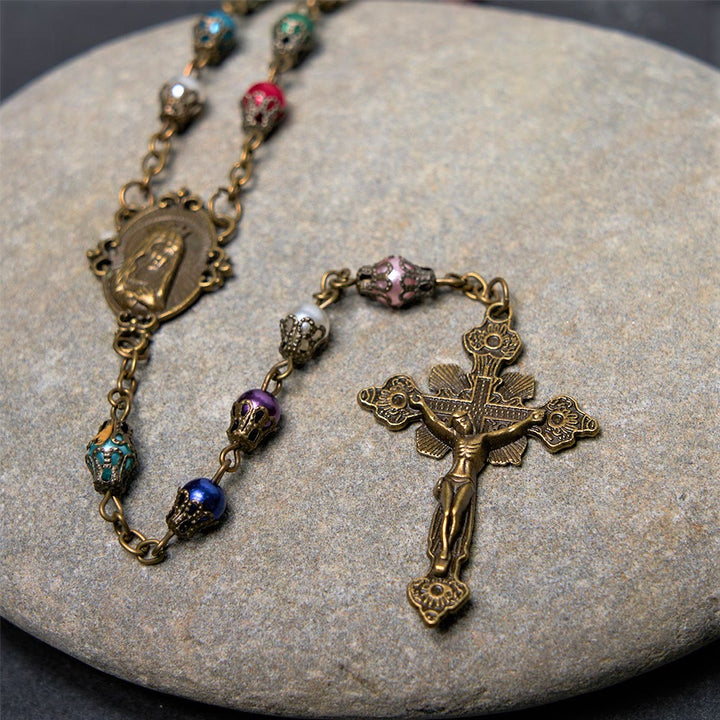 Discount Today: Our Lady of Fátima & Crucifix of 6 mm Round Multicolor Acrylic Alloy Chain Rosary