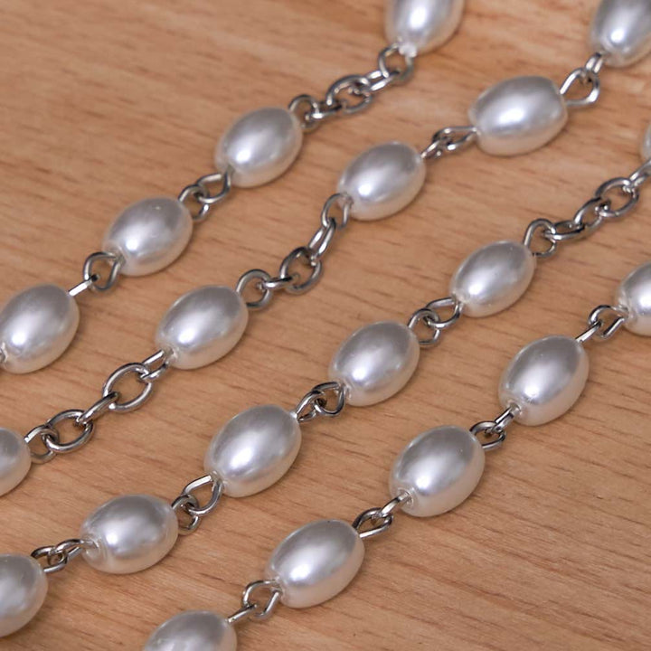 Discount Today: Holy Grail & Crucifix of 6*8 mm Oval White Pearl Alloy Chain Rosary