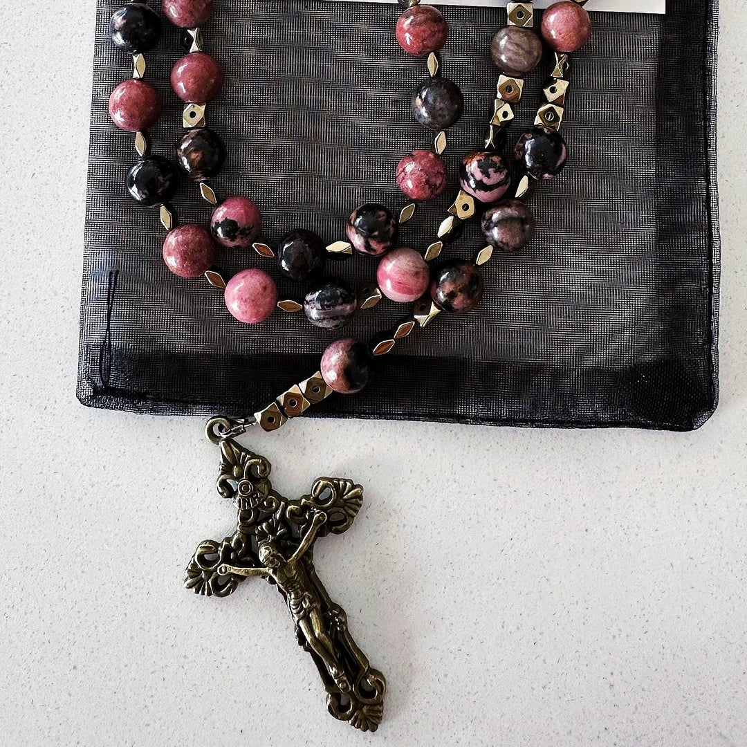 Our Lady of Guadalupe & Crucifix of 6 mm Round Multicolor Natural Black Line Rhodonite Chain Rosary