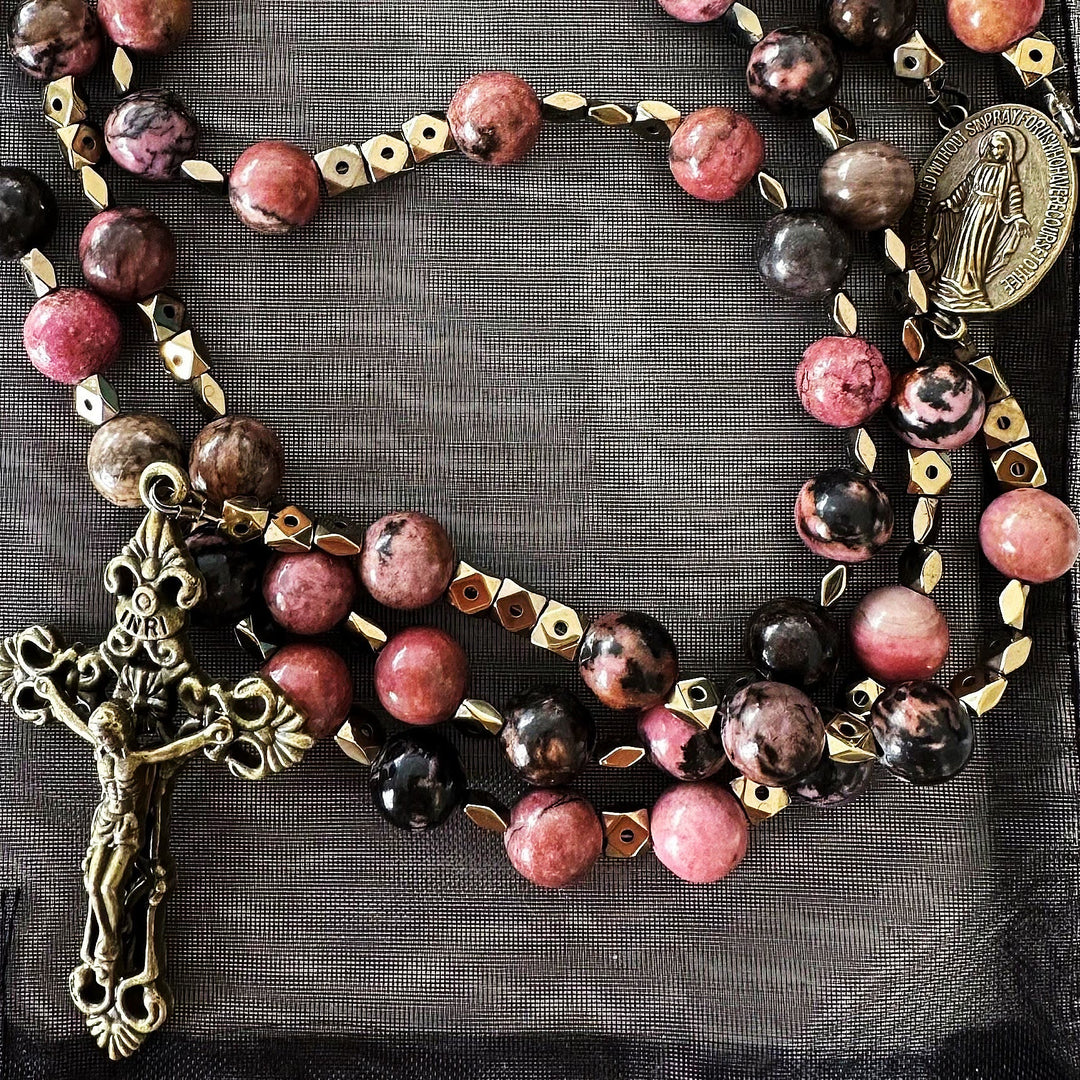 Our Lady of Guadalupe & Crucifix of 6 mm Round Multicolor Natural Black Line Rhodonite Chain Rosary