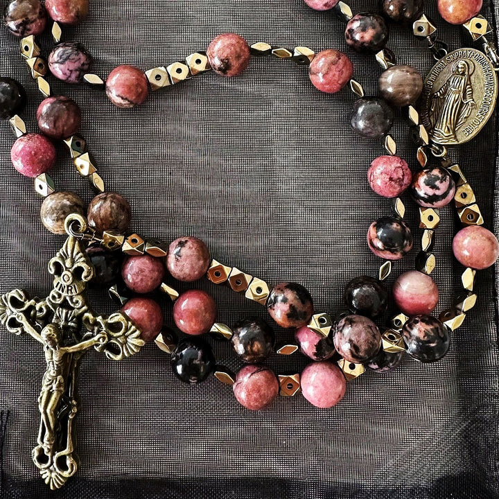 Our Lady of Guadalupe & Crucifix of 6 mm Round Multicolor Natural Black Line Rhodonite Chain Rosary