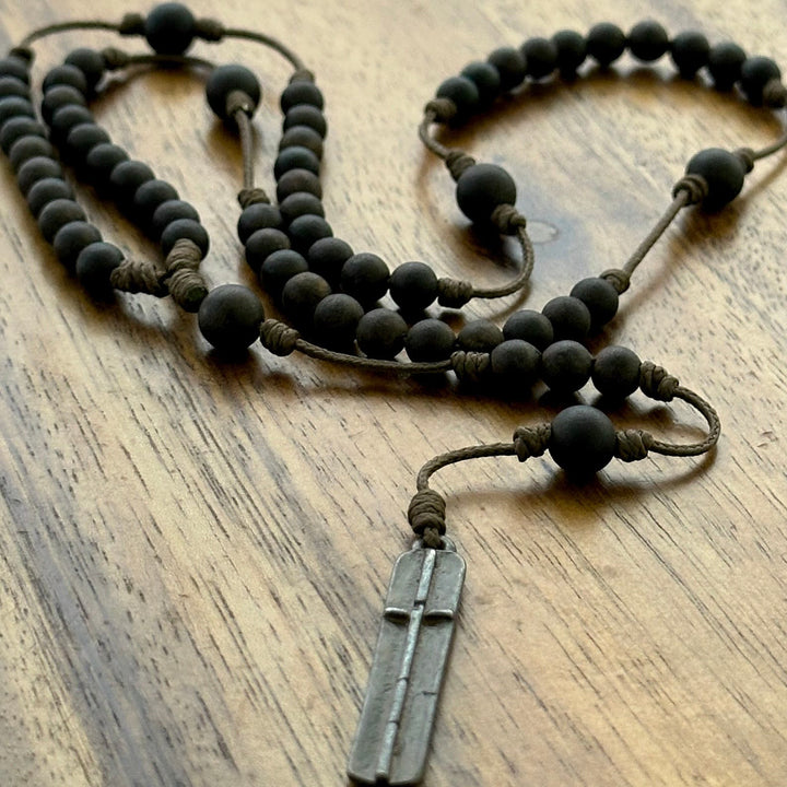 Christianartworkshop Rustic-Contemporary Cross of 7 mm Round Natural Wood Beads Rope Weaving Chain Rosary - Cross - image 0