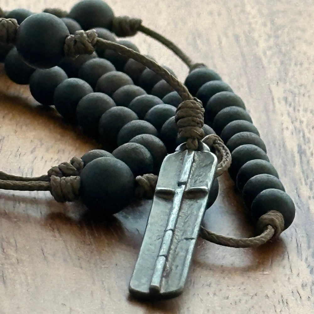 Christianartworkshop Rustic-Contemporary Cross of 7 mm Round Natural Wood Beads Rope Weaving Chain Rosary - image 1