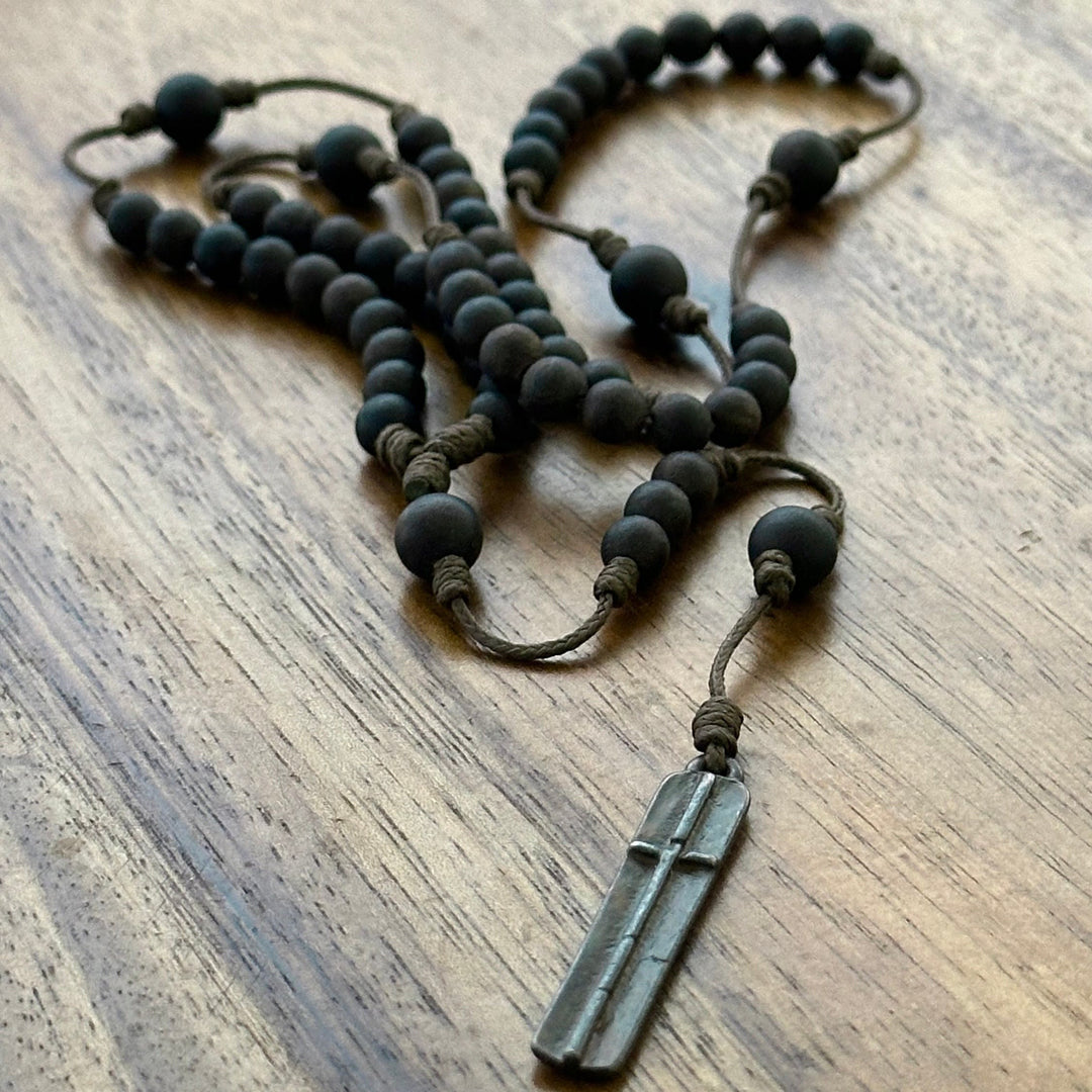 Christianartworkshop Rustic-Contemporary Cross of 7 mm Round Natural Wood Beads Rope Weaving Chain Rosary - image 5