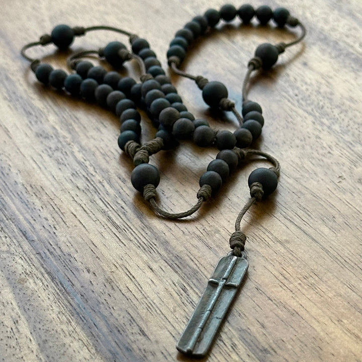 Christianartworkshop Rustic-Contemporary Cross of 7 mm Round Natural Wood Beads Rope Weaving Chain Rosary - image 5