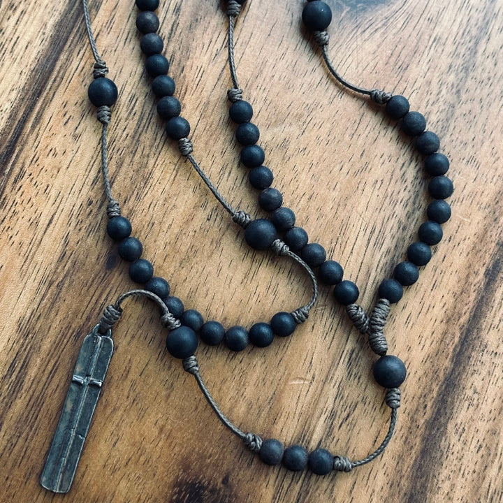 Christianartworkshop Rustic-Contemporary Cross of 7 mm Round Natural Wood Beads Rope Weaving Chain Rosary - image 2