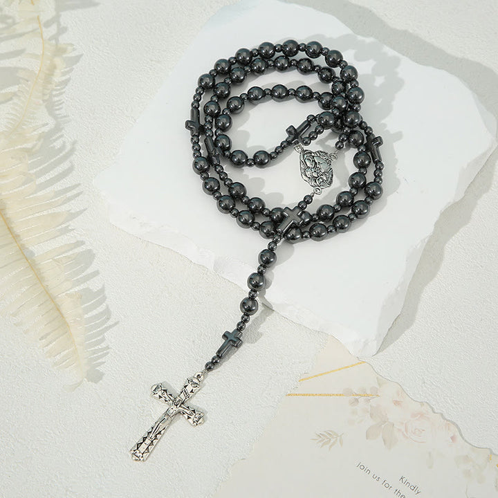 Christianartworkshop Holy Family & Crucifix of 8 mm Round Black Gallstone Nylon Cord Rosary